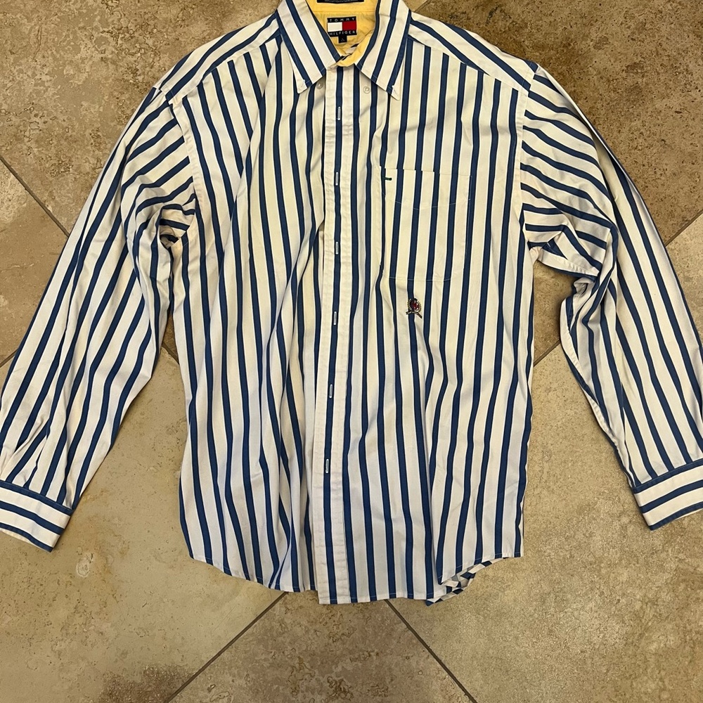 Tommy Hilfiger Vintage Blue and White Striped Casual Shirt.